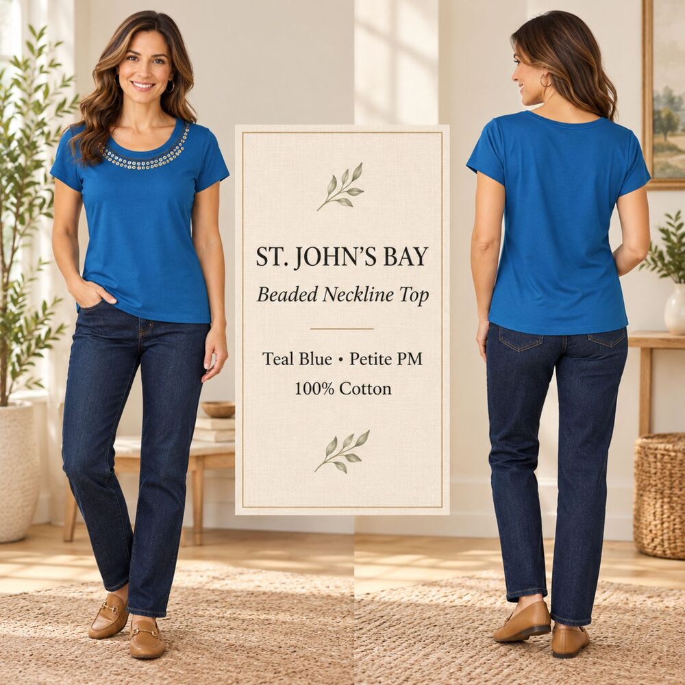 St Johns Bay Embellished Top Beaded Neckline Blue Petite Size M Coastal Resort